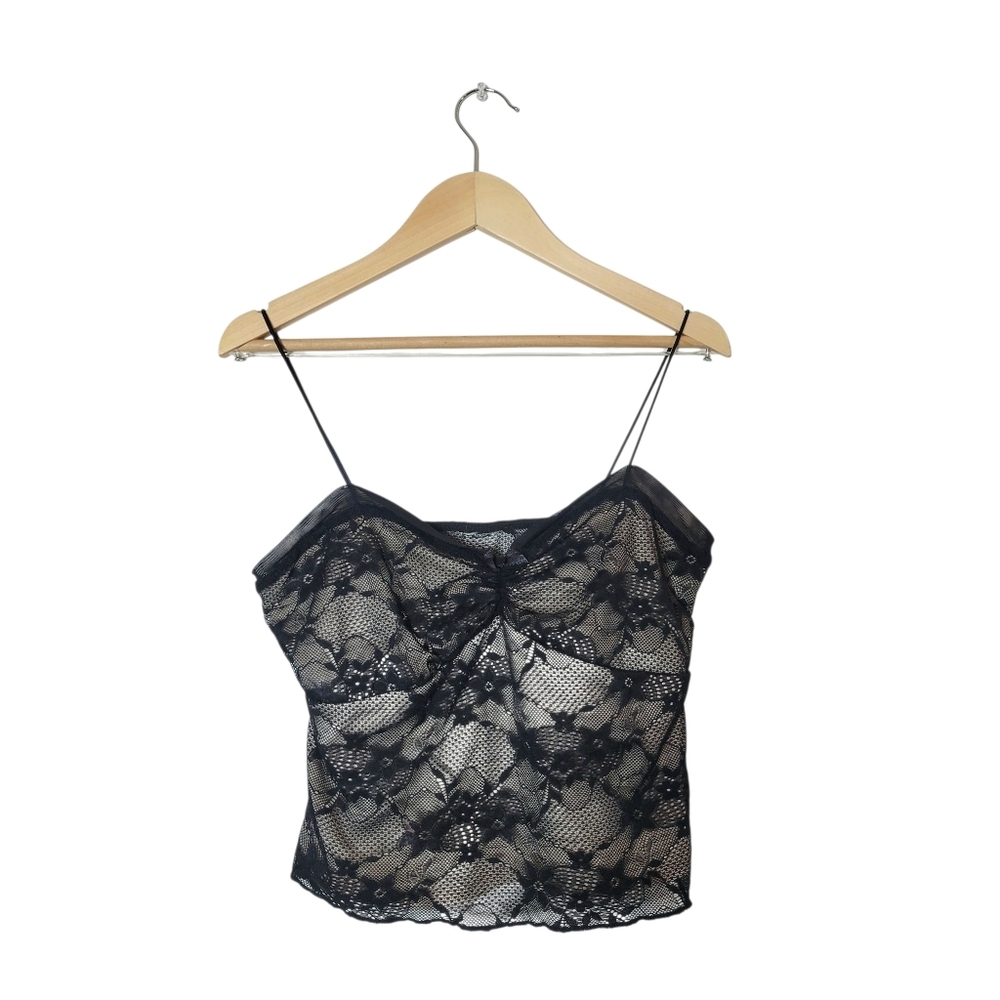 Y2K Womens Black Floral Lace Top S M Babydoll Sheer Strappy Sexy Feminine Dainty